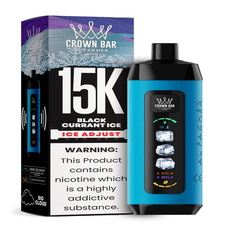 Al Fakher Ice Adjust 15K Puffs Vape in flavor, black currant ice showing the vape and the box.