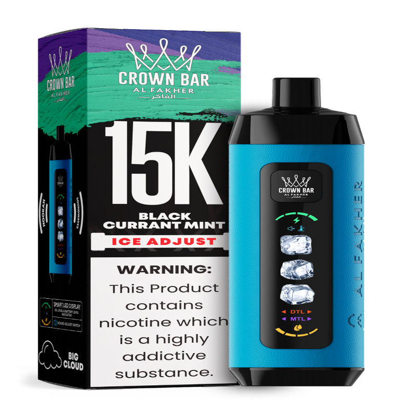 Al Fakher Ice Adjust 15K Puffs Vape in flavor, black currant mint showing the vape and the box.