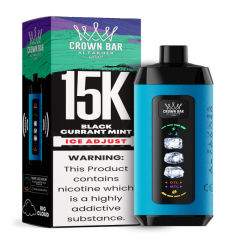 Al Fakher Ice Adjust 15K Puffs Vape in flavor, black currant mint showing the vape and the box.