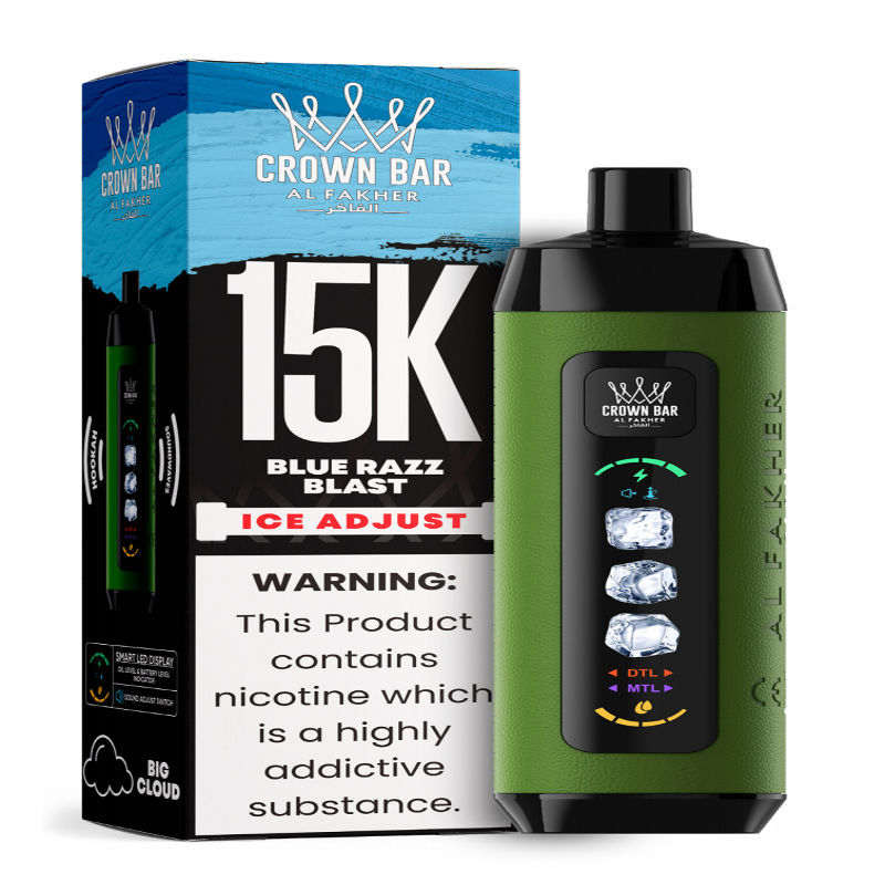 Al Fakher Ice Adjust 15K Puffs Vape in flavor, blue razz blast showing the vape and the box.