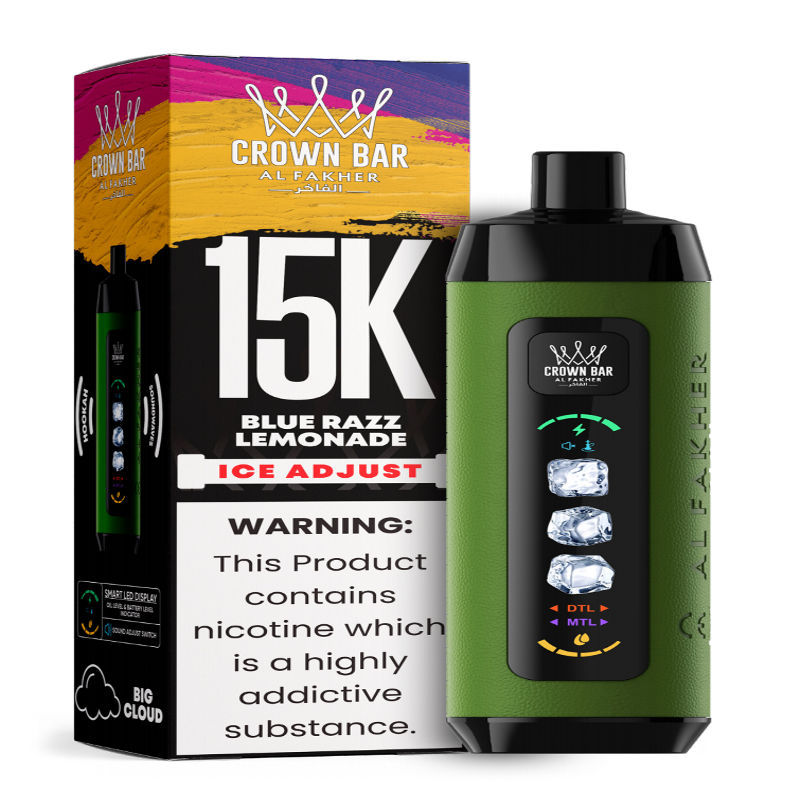 Al Fakher Ice Adjust 15K Puffs Vape in flavor, blue razz lemonade showing the vape and the box.