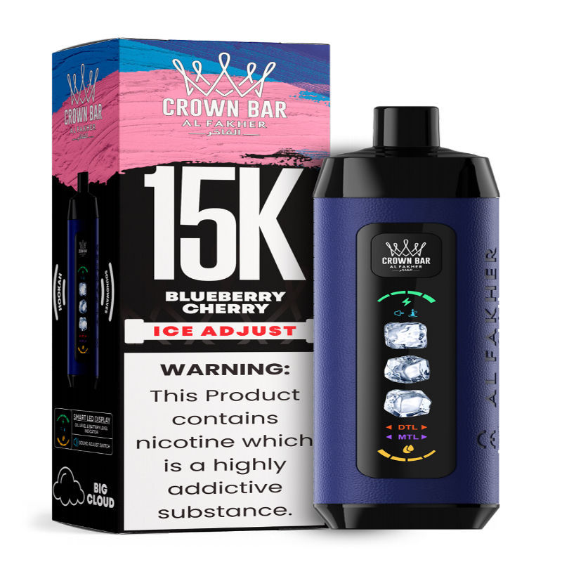 Al Fakher Ice Adjust 15K Puffs Vape in flavor, blueberry cherry showing the vape and the box.