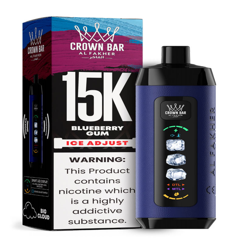 Al Fakher Ice Adjust 15K Puffs Vape in flavor, blueberry gum showing the vape and the box.