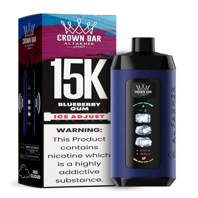 Al Fakher Ice Adjust 15K Puffs Vape in flavor, blueberry gum showing the vape and the box.