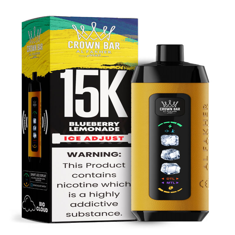 Al Fakher Ice Adjust 15K Puffs Vape in flavor, blueberry lemonade showing the vape and the box.