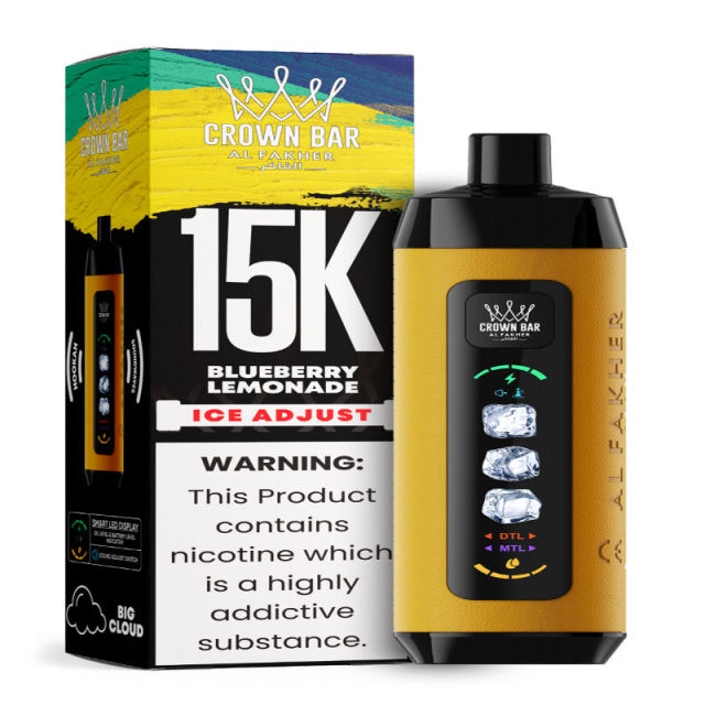 Al Fakher Ice Adjust 15K Puffs Vape in flavor, blueberry lemonade showing the vape and the box.