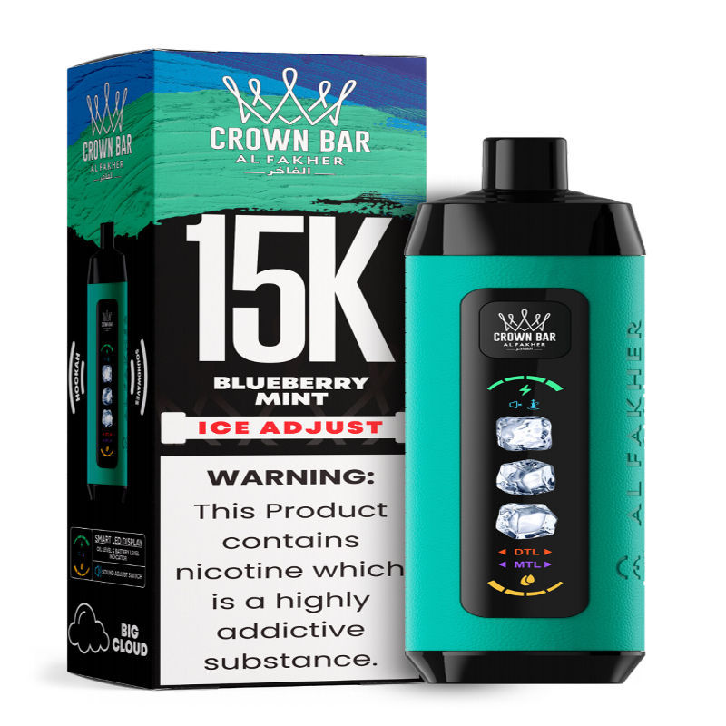 Al Fakher Ice Adjust 15K Puffs Vape in flavor, blueberry mint showing the vape and the box.