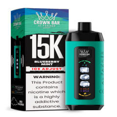 Al Fakher Ice Adjust 15K Puffs Vape in flavor, blueberry mint showing the vape and the box.