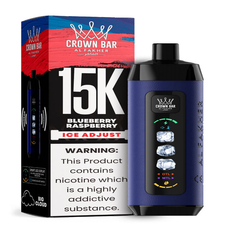 Al Fakher Ice Adjust 15K Puffs Vape in flavor, blueberry raspberry showing the vape and the box.