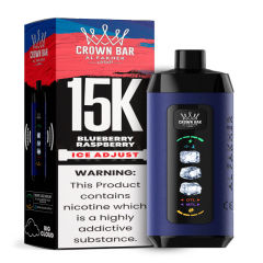 Al Fakher Ice Adjust 15K Puffs Vape in flavor, blueberry raspberry showing the vape and the box.