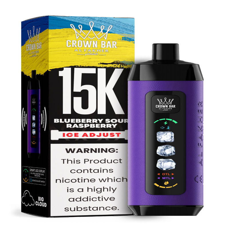 Al Fakher Ice Adjust 15K Puffs Vape in flavor, blueberry sour raspberry showing the vape and the box.