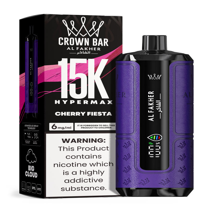 Al Fakher Hypermax Disposable 15K Puffs Vape in flavor, cherry fiesta showing the vape and the packaging.
