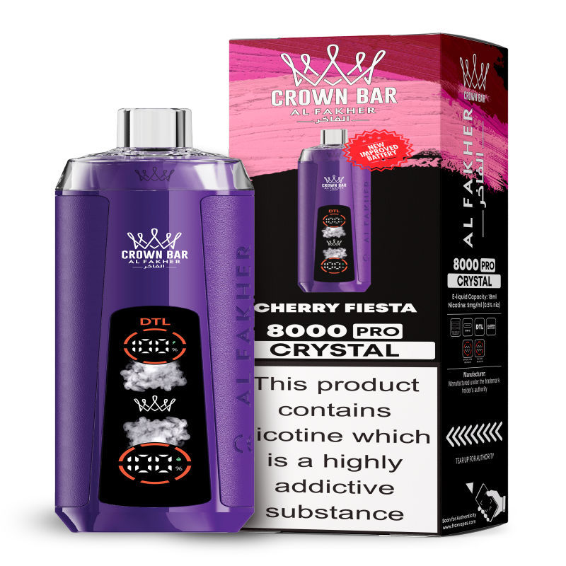 Al Fakher Crystal 8K Puffs Vape in flavor, cherry fiesta showing the vape and the box.