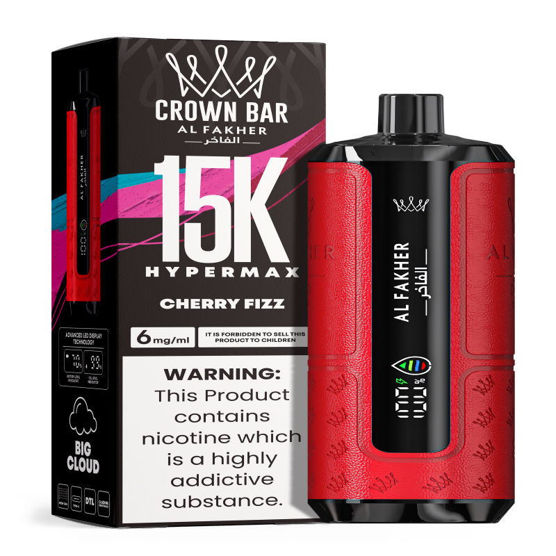 Al Fakher Hypermax Disposable 15K Puffs Vape in flavor, cherry fizz showing the vape and the packaging.