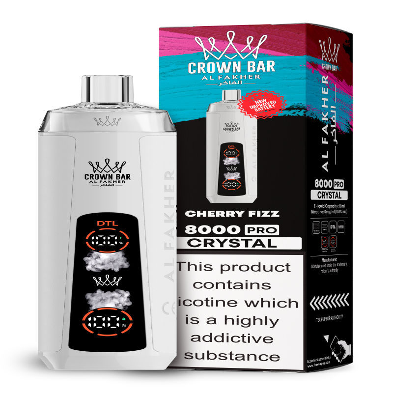 Al Fakher Crystal 8K Puffs Vape in flavor, cherry fizz showing the vape and the box.
