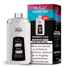 Al Fakher Crystal 8K Puffs Vape in flavor, cherry fizz showing the vape and the box.