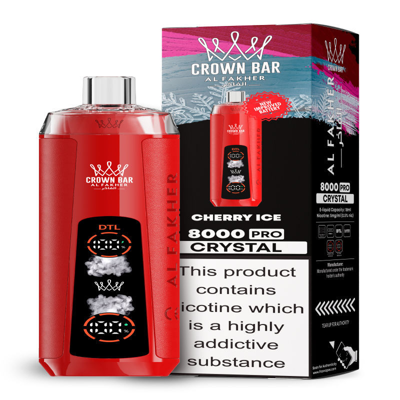 Al Fakher Crystal 8K Puffs Vape in flavor, cherry ice showing the vape and the box.