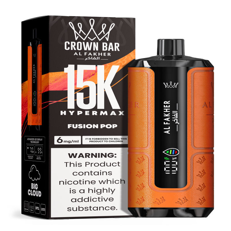 Al Fakher Hypermax Disposable 15K Puffs Vape in flavor, fusion pop showing the vape and the packaging.