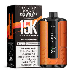 Al Fakher Hypermax Disposable 15K Puffs Vape in flavor, fusion pop showing the vape and the packaging.