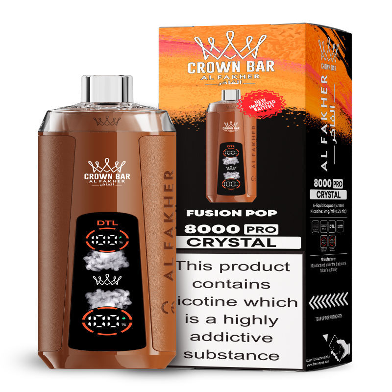 Al Fakher Crystal 8K Puffs Vape in flavor, fusion pop showing the vape and the box.
