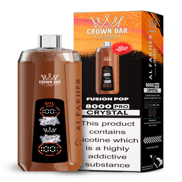 Al Fakher Crystal 8K Puffs Vape in flavor, fusion pop showing the vape and the box.