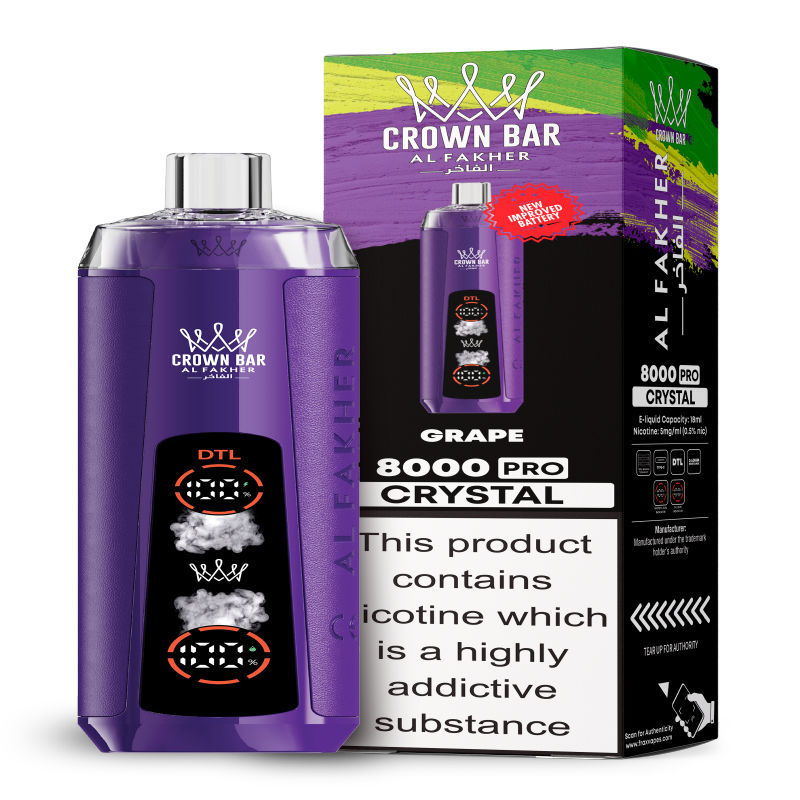 Al Fakher Crystal 8K Puffs Vape in flavor, grape showing the vape and the box.