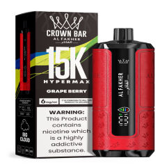 Al Fakher Hypermax Disposable 15K Puffs Vape in flavor, grape berry showing the vape and the packaging.