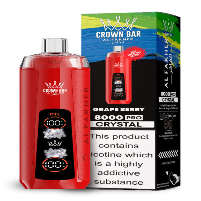 Al Fakher Crystal 8K Puffs Vape in flavor, grape berry showing the vape and the box.