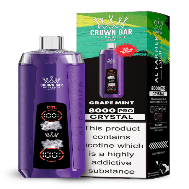 Al Fakher Crystal 8K Puffs Vape in flavor, grape mint showing the vape and the box.