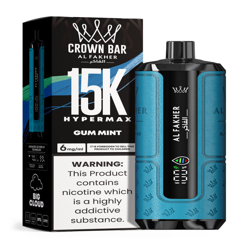 Al Fakher Hypermax Disposable 15K Puffs Vape in flavor, gum mint showing the vape and the packaging.