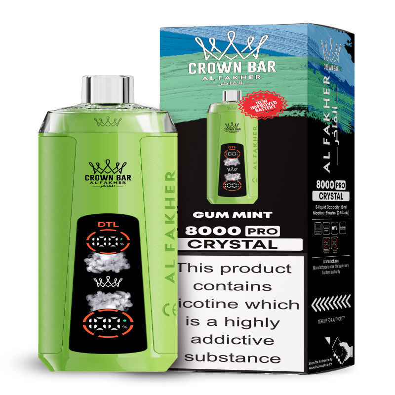 Al Fakher Crystal 8K Puffs Vape in flavor, gum mint showing the vape and the box.