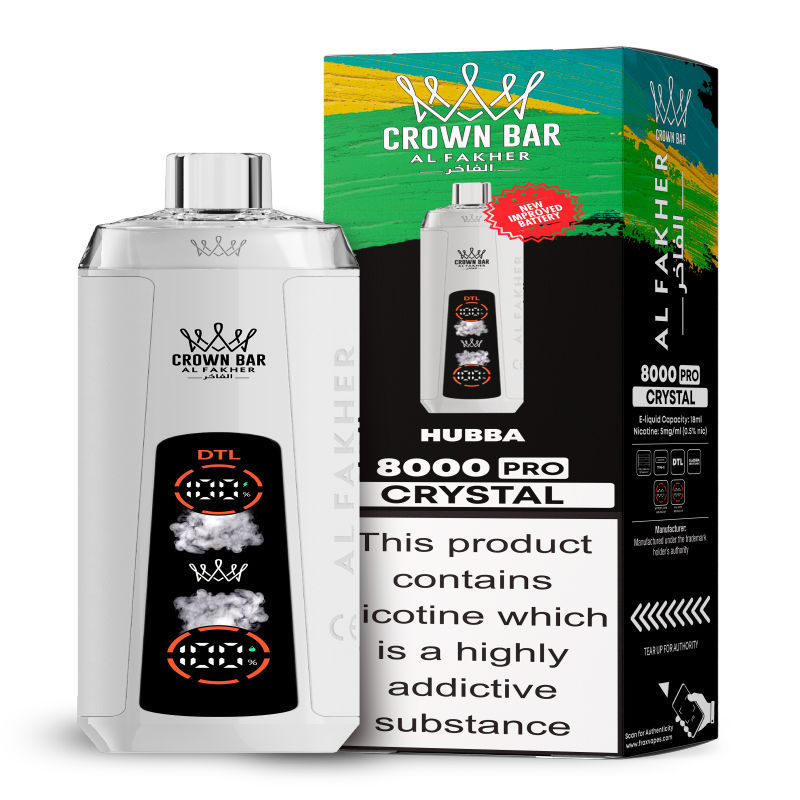 Al Fakher Crystal 8K Puffs Vape in flavor, hubba showing the vape and the box.
