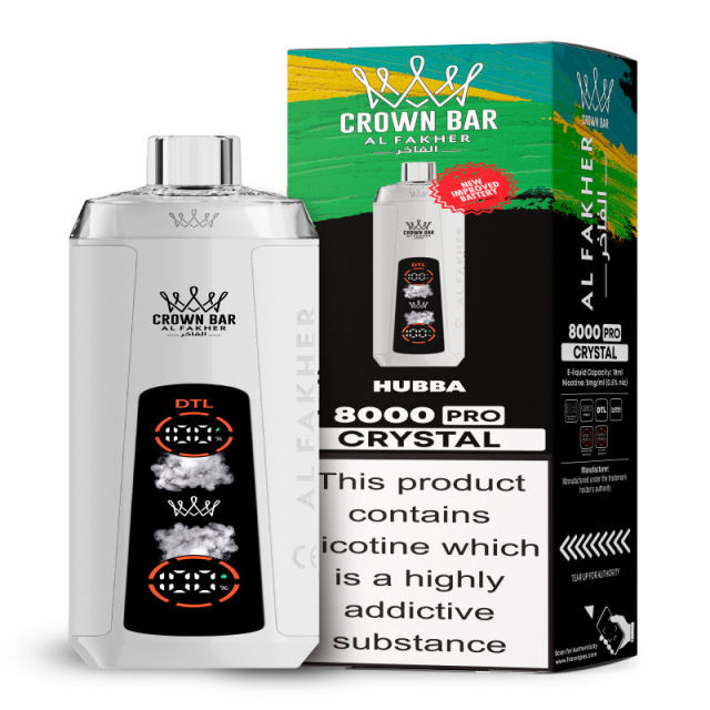 Al Fakher Crystal 8K Puffs Vape in flavor, hubba showing the vape and the box.