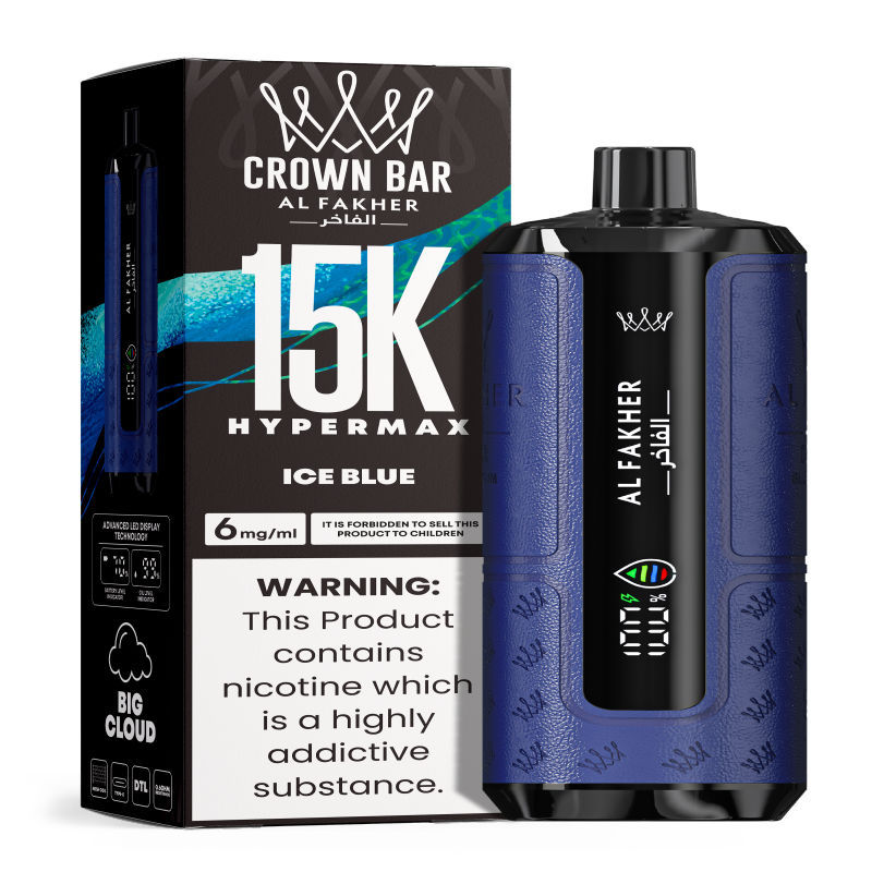 Al Fakher Hypermax Disposable 15K Puffs Vape in flavor, ice blue showing the vape and the packaging.