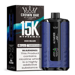 Al Fakher Hypermax Disposable 15K Puffs Vape in flavor, ice blue showing the vape and the packaging.