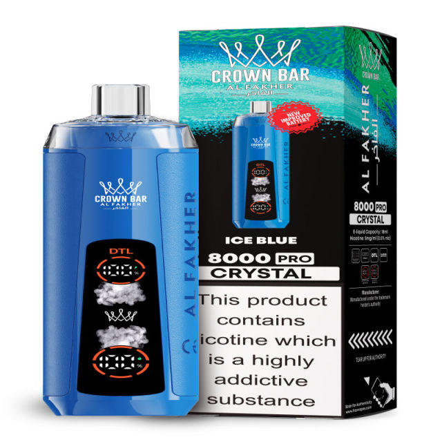 Al Fakher Crystal 8K Puffs Vape in flavor, ice blue showing the vape and the box.