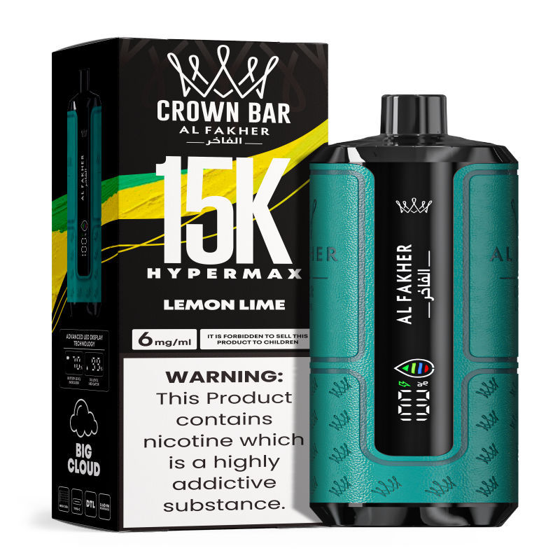 Al Fakher Hypermax Disposable 15K Puffs Vape in flavor, lemon lime showing the vape and the packaging.