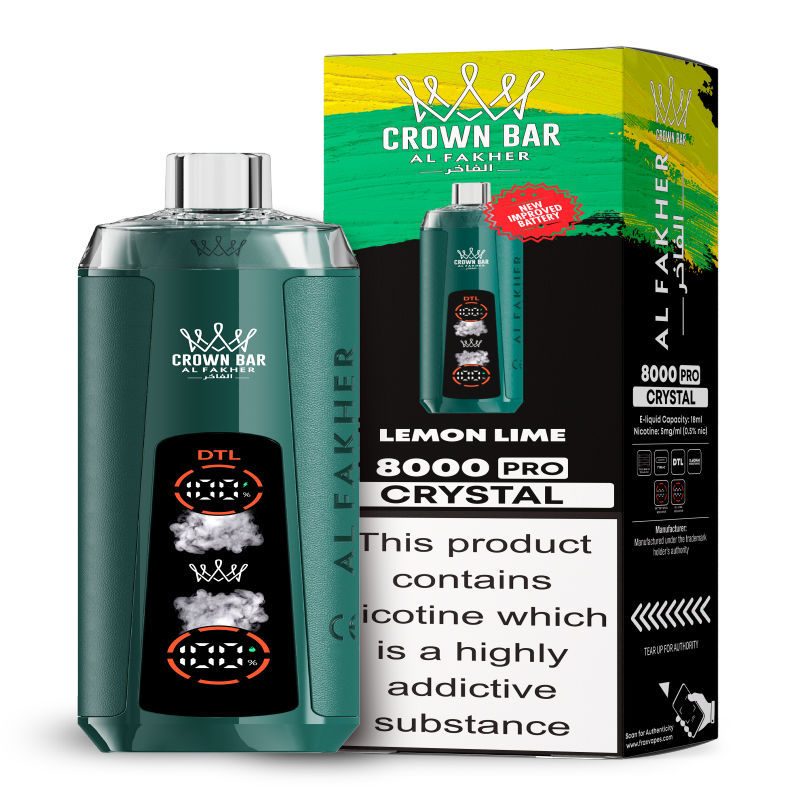 Al Fakher Crystal 8K Puffs Vape in flavor, lemon lime showing the vape and the box.