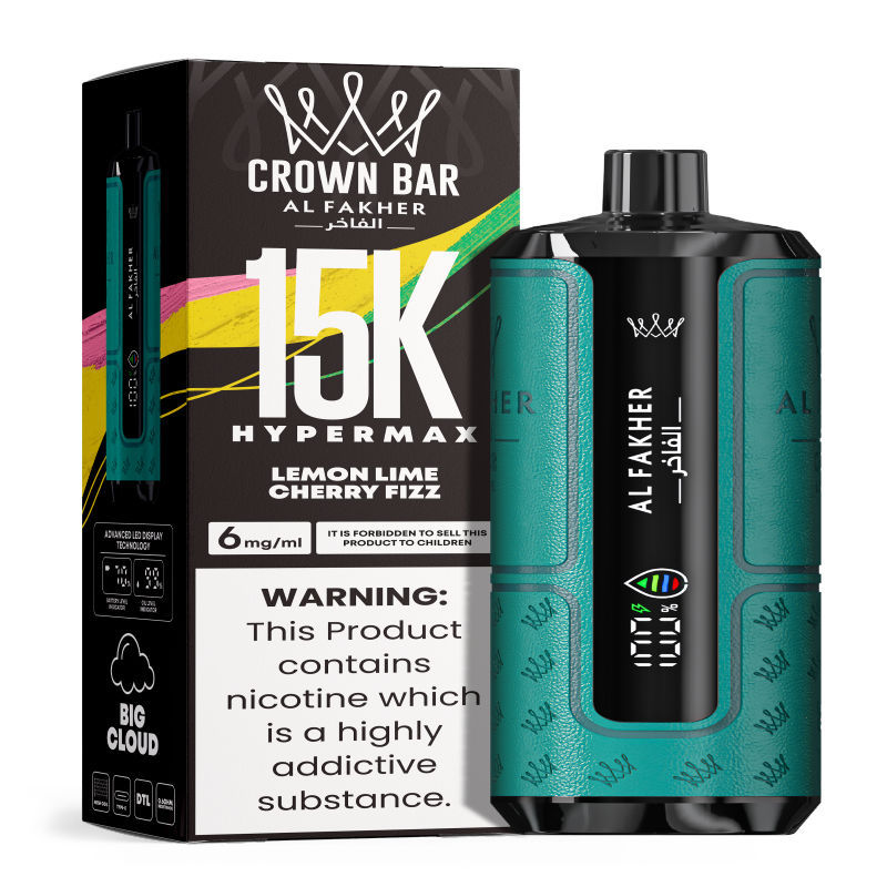 Al Fakher Hypermax Disposable 15K Puffs Vape in flavor, lemon lime cherry fizz showing the vape and the packaging.
