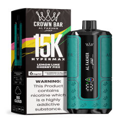 Al Fakher Hypermax Disposable 15K Puffs Vape in flavor, lemon lime cherry fizz showing the vape and the packaging.
