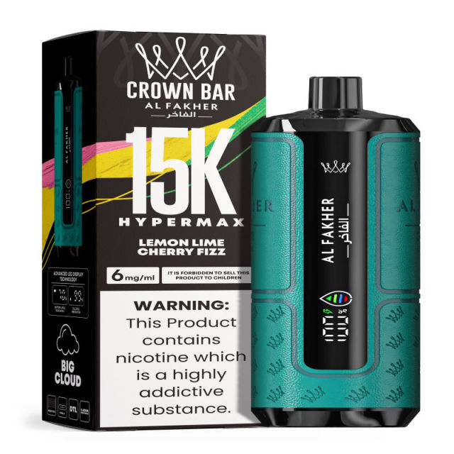 Al Fakher Hypermax Disposable 15K Puffs Vape in flavor, lemon lime cherry fizz showing the vape and the packaging.