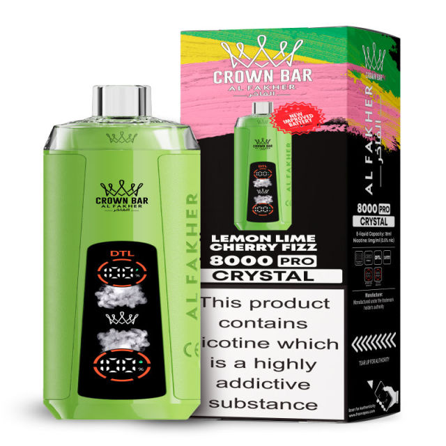 Al Fakher Crystal 8K Puffs Vape in flavor, lemon lime cherry fizz showing the vape and the box.