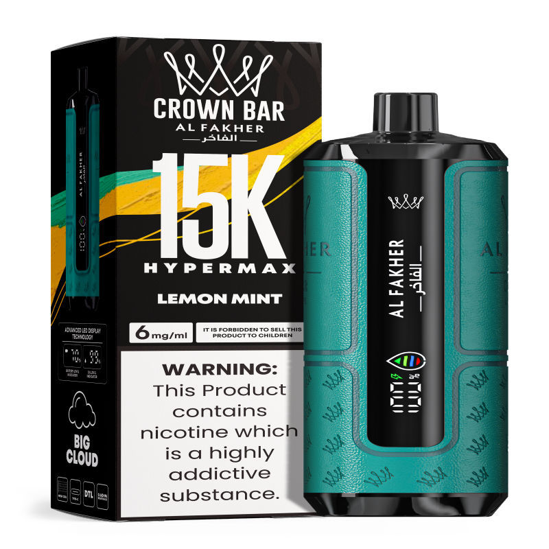 Al Fakher Hypermax Disposable 15K Puffs Vape in flavor, lemon mint showing the vape and the packaging.