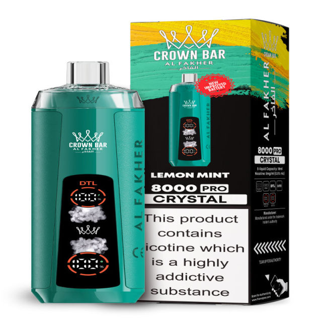 Al Fakher Crystal 8K Puffs Vape in flavor, lemon mint showing the vape and the box.