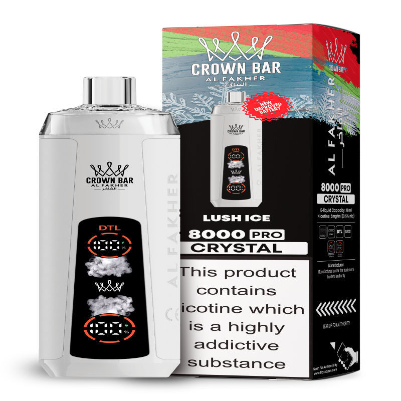 Al Fakher Crystal 8K Puffs Vape in flavor, lush ice showing the vape and the box.
