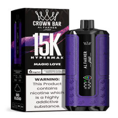 Al Fakher Hypermax Disposable 15K Puffs Vape in flavor, magic love showing the vape and the packaging.