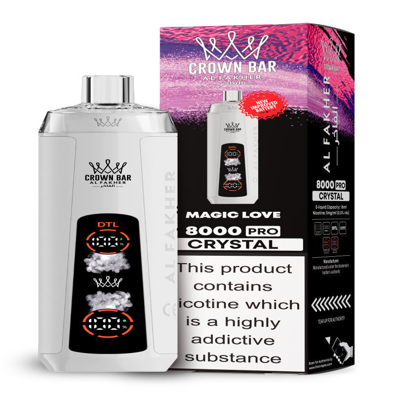 Al Fakher Crystal 8K Puffs Vape in flavor, magic love showing the vape and the box.