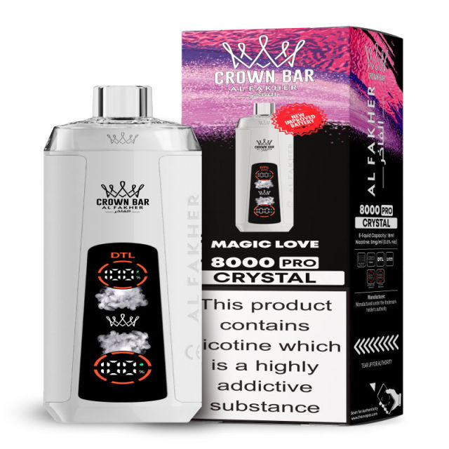 Al Fakher Crystal 8K Puffs Vape in flavor, magic love showing the vape and the box.