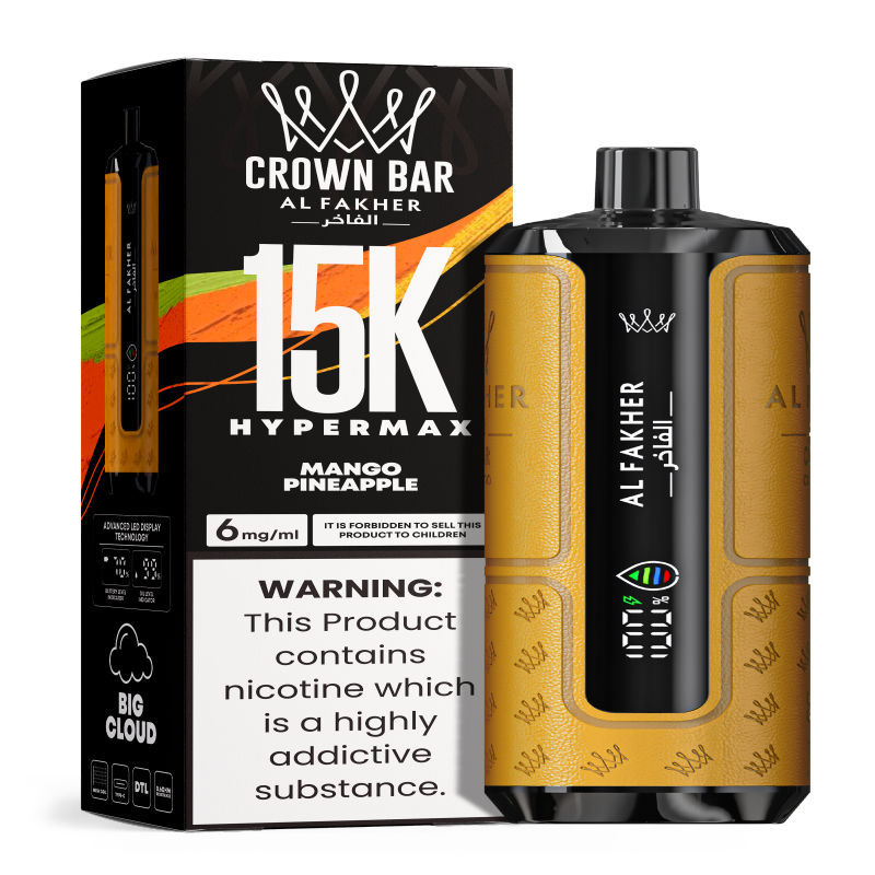 Al Fakher Hypermax Disposable 15K Puffs Vape in flavor, mango pineapple showing the vape and the packaging.