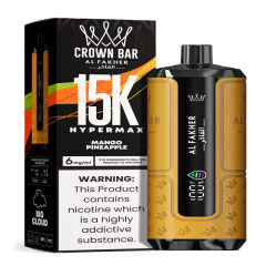 Al Fakher Hypermax Disposable 15K Puffs Vape in flavor, mango pineapple showing the vape and the packaging.